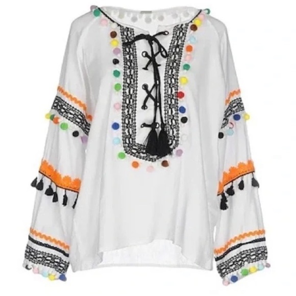 Dodo Bar Or Yehoray Blouse With Colorful Pom Poms Lace Up Cotton Fiesta Top - Picture 3 of 10